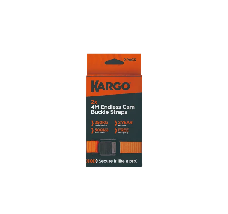 Kargo Endless Cam Buckle Strap 4m x 25mm [250kg] (2 Pack) - One-Piece Quick Release Tie-Down