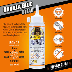 Gorilla Clear Glue 170ml - Strong, Versatile, Non-Foaming Adhesive for Wood, Metal, Glass & More