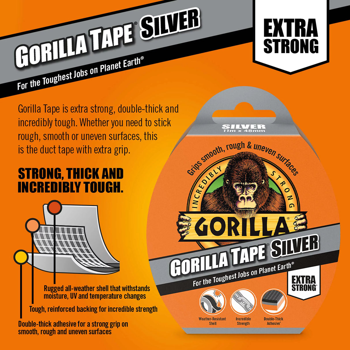 Gorilla Silver Duct Tape 32m x 50mm - Extra Strong, Double-Thick, Weather-Resistant Tape