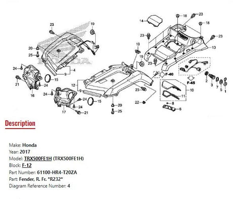 Honda Front Right Fender | 61100-HR4-T20ZA - Genuine Replacement for Honda ATV Models