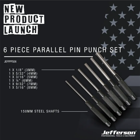 Jefferson 6 Piece Parallel Pin Punch Set - 40CR Steel, 150mm Shafts