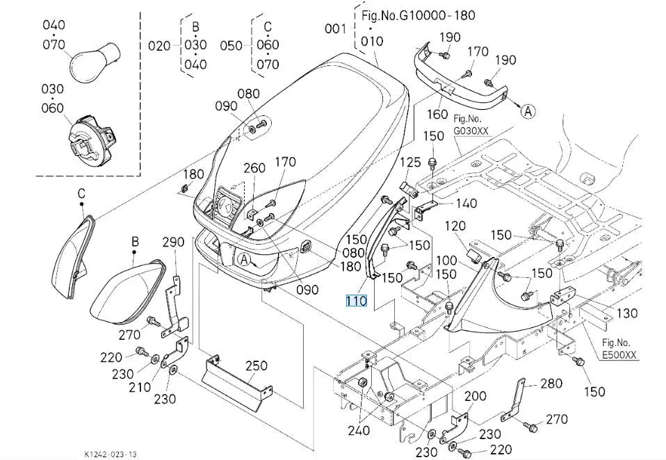 K1253-54160 Kubota Bonnet RH for GR Series Lawn Tractors