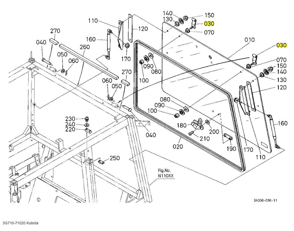 Kubota 3G710-71020 Rear Window Hinge - OEM Replacement for Multiple Models