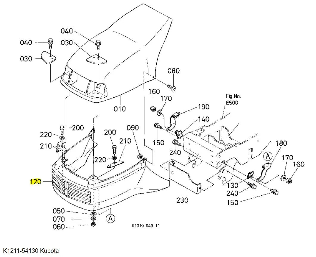 Kubota K1211-54130 Upper Bonnet | Genuine OEM Hood Replacement