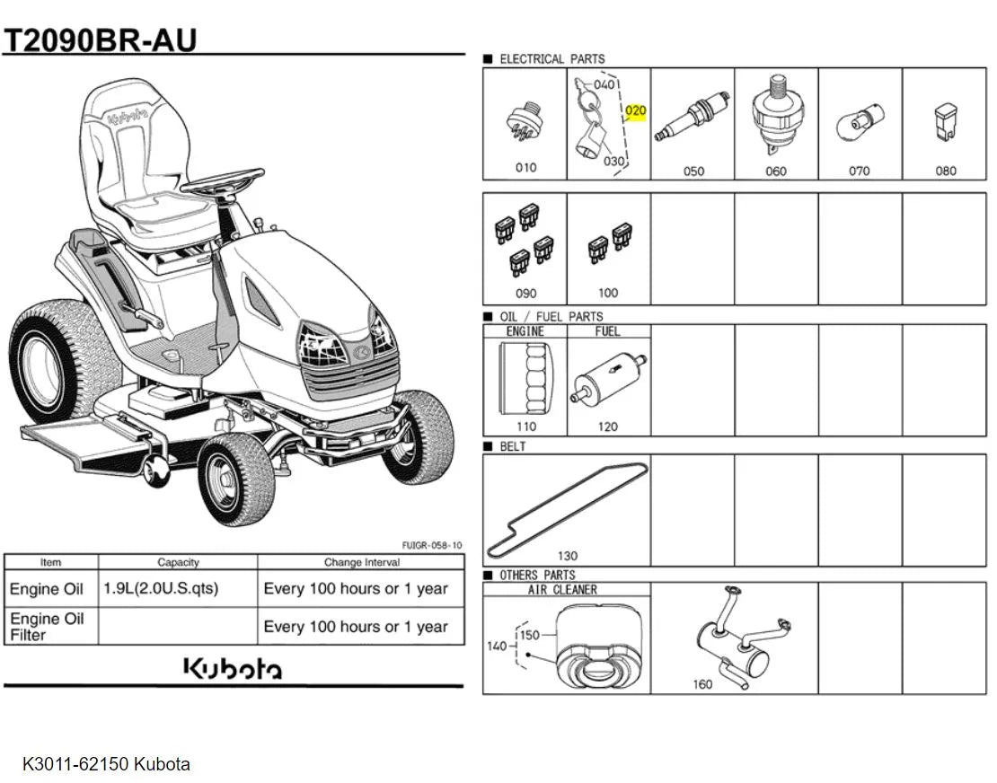 Kubota K3011-62150 Starter Key Assembly | OEM Replacement Key for T2090, T2290, Z122RKW, and More