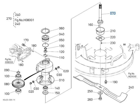 Kubota K5453-34553 Right-Hand Blade Shaft for RCK48-G23 Spindle Assembly