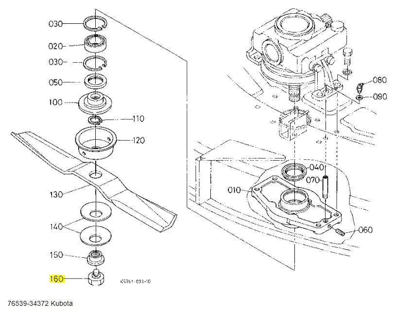 Kubota Locking Blade Bolt 76539-34372 - OEM Replacement for RC54, RC60, RC72 Series