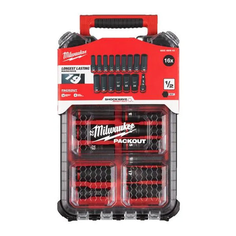 Milwaukee PACKOUT 16‑Piece ½″ Deep Impact Socket Set 4932480943 - Chrome‑Moly, 6‑Point, in Organizer Case
