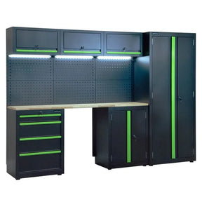 Jefferson Modular Storage System Combo with LED Lights - Lockable Units & Wooden Work Bench