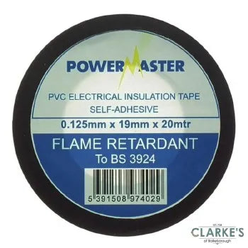 PowerMaster PVC Insulating Tape Black | 19mm x 20m, Flame Retardant, BS 3924