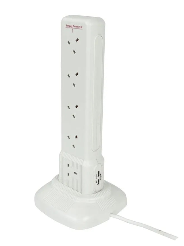 PowerMaster 10‑Gang 2‑m Surge Protection Tower Extension Lead with 2 USB Outlets - Ref X1010
