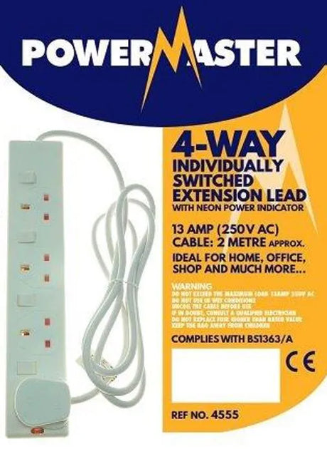 PowerMaster 4 Gang 2 m 13 Amp Individually‑Switched Extension Lead - Ref 4555