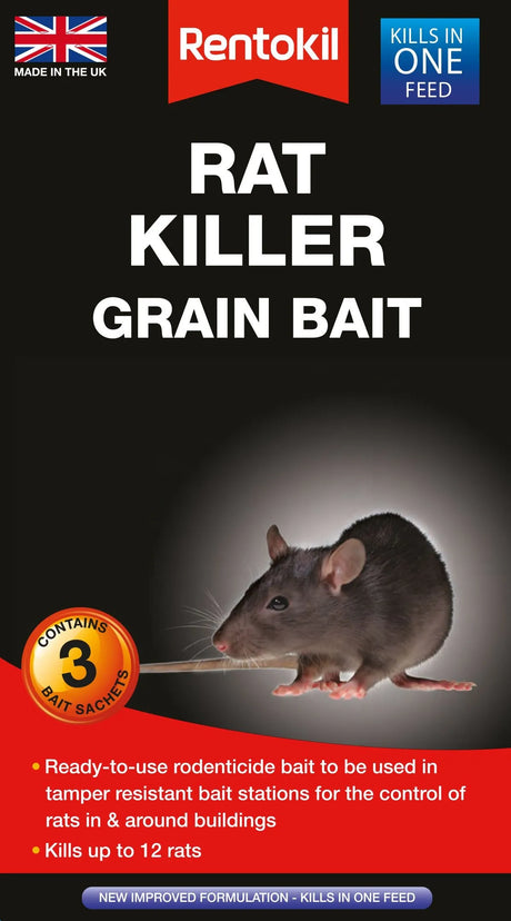 Rentokil Rat Killer Grain Bait 3 Sachets - Fast-Acting and Effective Rat Poison