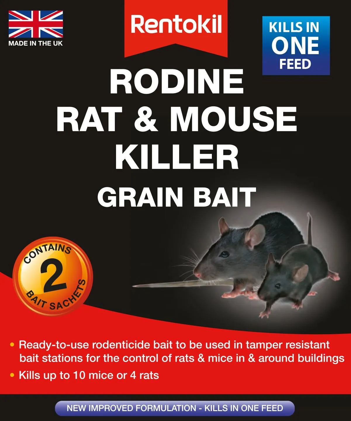 Rentokil Rodine Rat & Mouse Killer Grain Bait 2 Sachets - Effective Rodent Control Solution
