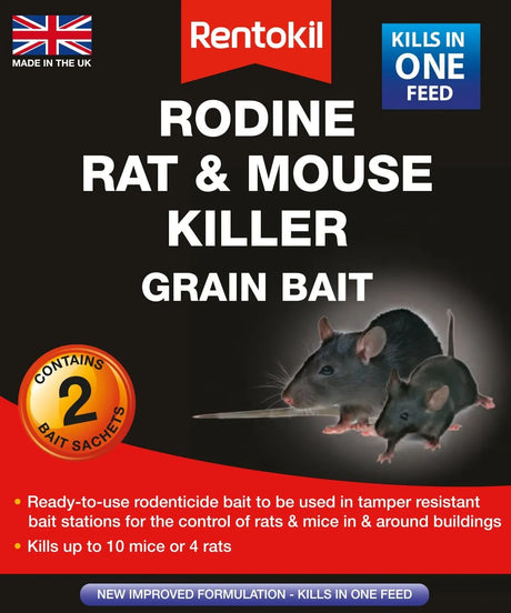 Rentokil Rodine Rat & Mouse Killer Grain Bait 2 Sachets - Effective Rodent Control Solution