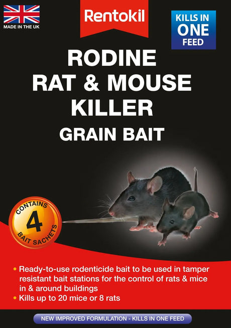 Rentokil Rodine Rat & Mouse Killer Grain Bait 4 Sachets - Fast and Effective Rodent Control