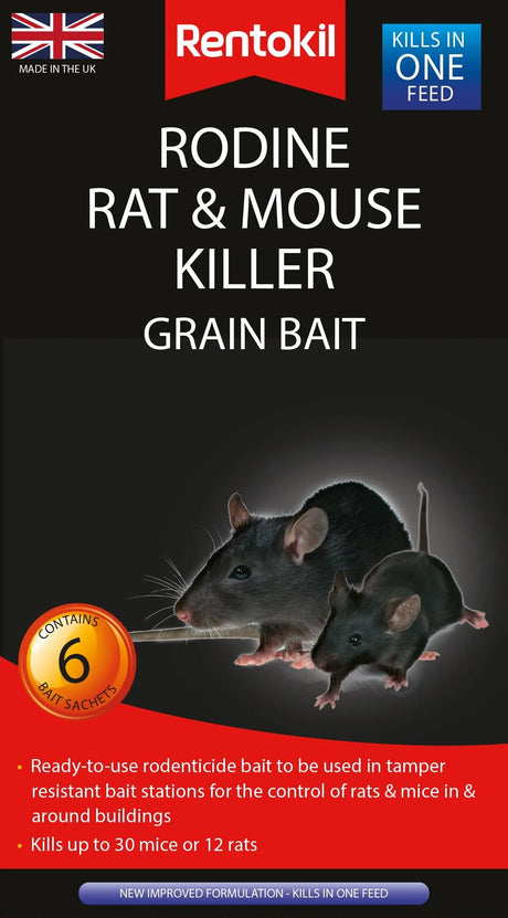 Rentokil Rodine Rat & Mouse Killer Grain Bait 6 Sachets - Fast-Acting Rodent Control Solution