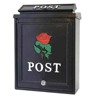Diecast Black Post Box with Red Rose