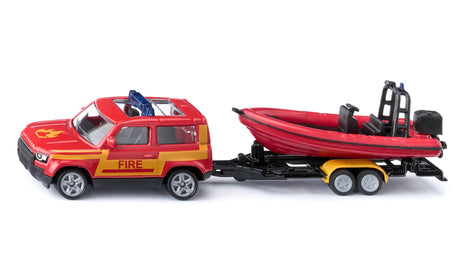 Siku 1:87 Land Rover Defender with Boat - Fire Rescue Model with Trailer and Motorboat