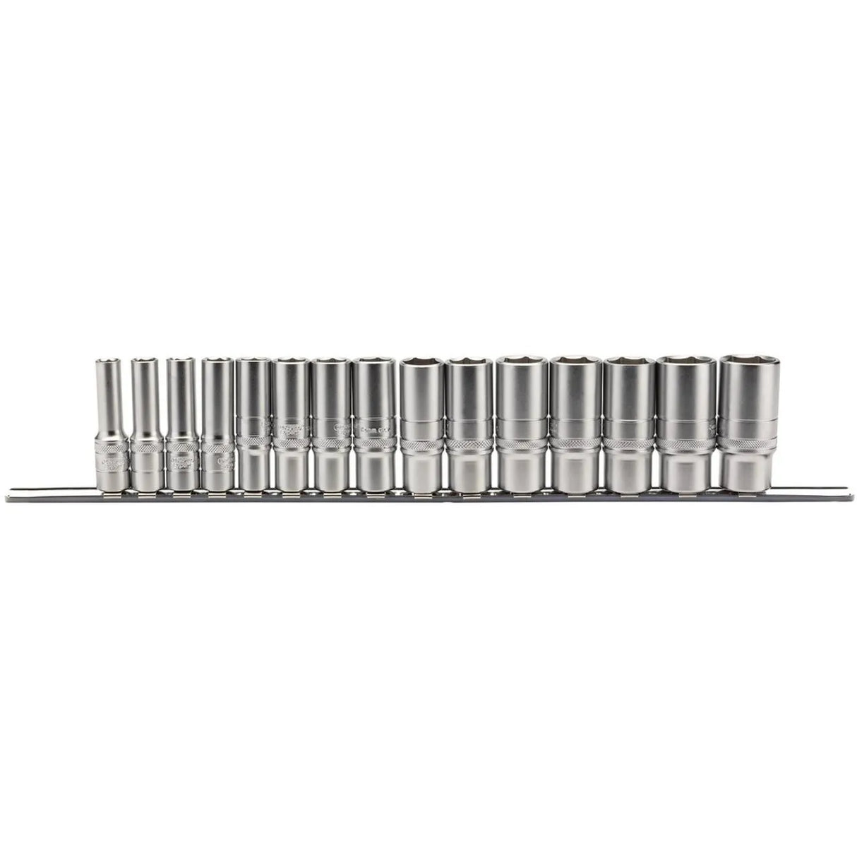 Metric Deep Socket Set on a Metal Rail, 3/8" Sq. Dr. (15 Piece)