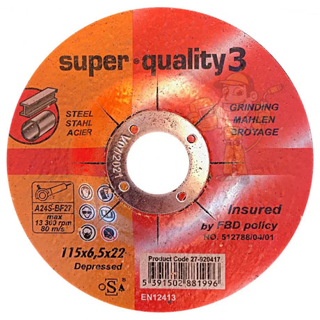 Super Quality 3 Depressed STEEL Grinding Disc 4½" (115mm X 6.5mm X 22mm)