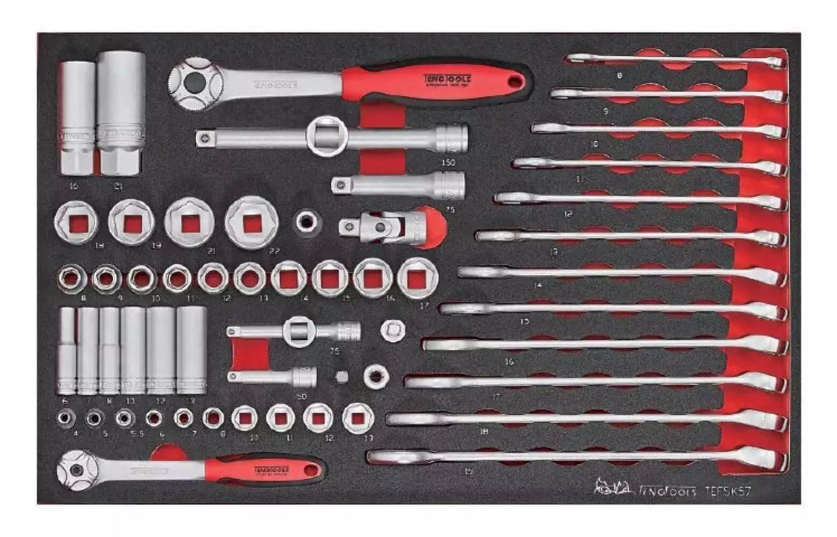 Teng TEFSK57 57 Piece 1/4″ & 3/8″ Socket, Spanner & Accessory Set in EVA Foam