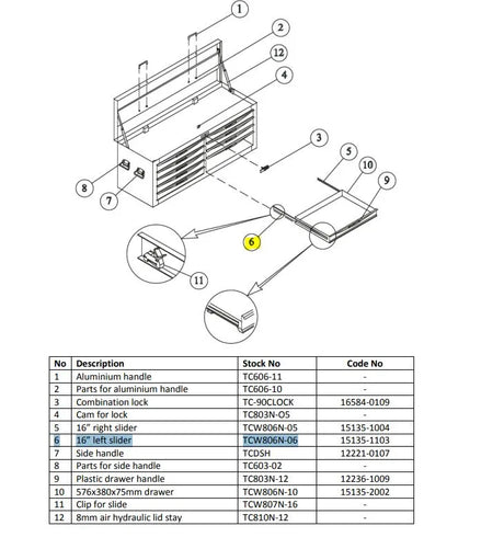 Teng Tools TCW806N‑06 Left Slider - Spare Part for TCW806N Tool Box