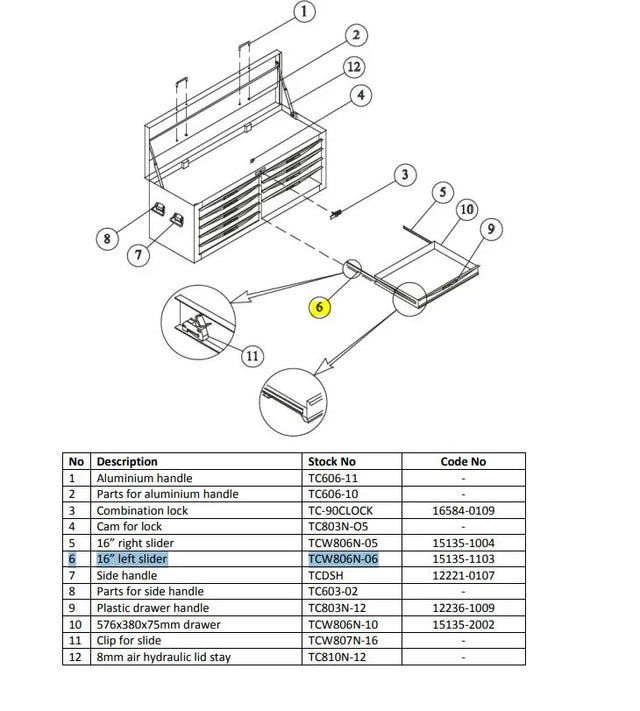 Teng Tools TCW806N‑06 Left Slider - Spare Part for TCW806N Tool Box