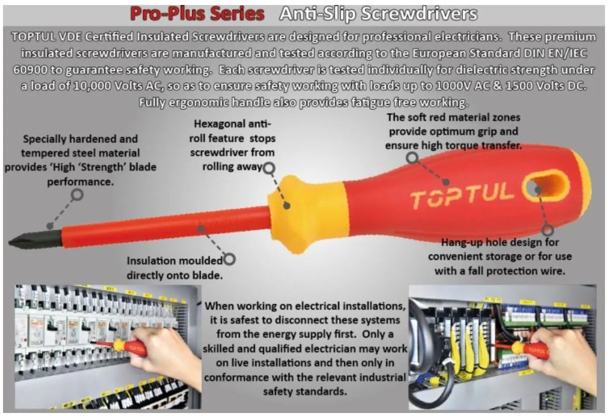 Toptul 6Pc VDE Insulated Screwdriver Set - Slotted & Phillips with Voltage Tester