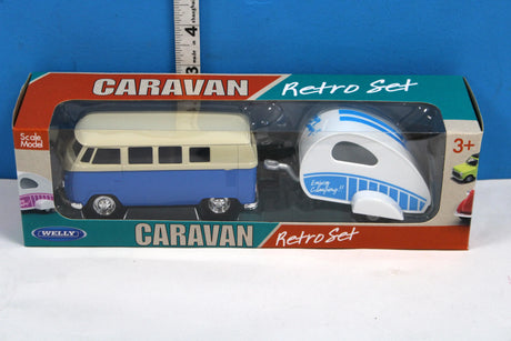 Welly 21cm Blue VW T1 1963 with Caravan | 1:34/39 Scale Die-Cast Model
