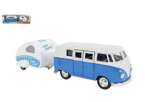 Welly 21cm Blue VW T1 1963 with Caravan | 1:34/39 Scale Die-Cast Model