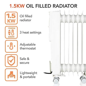 Warm Lite 1500W Oil Filled Radiator | Portable 7-Fin Heater with Adjustable Thermostat & Safety Features