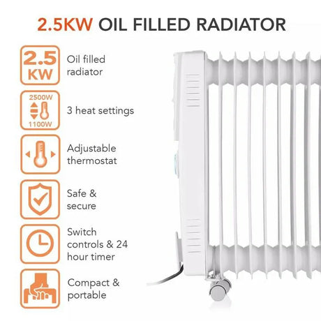 Warmlite 2.5kW Oil Filled Radiator with Timer - White WL43005 Electric Heater