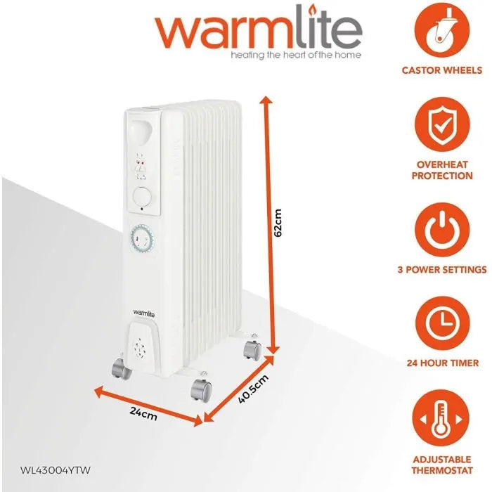 Warmlite 2000W Oil Filled Radiator with Timer | Energy-Efficient Freestanding Heater with Adjustable Thermostat