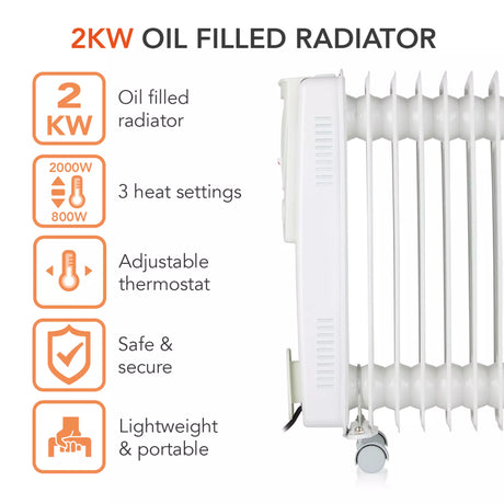 Warmlite 2kW Oil Filled Radiator - White BAR9102 | 9-Fin Portable Heater with Thermostat