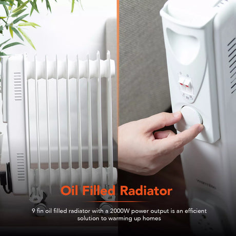 Warmlite 2kW Oil Filled Radiator - White BAR9102 | 9-Fin Portable Heater with Thermostat