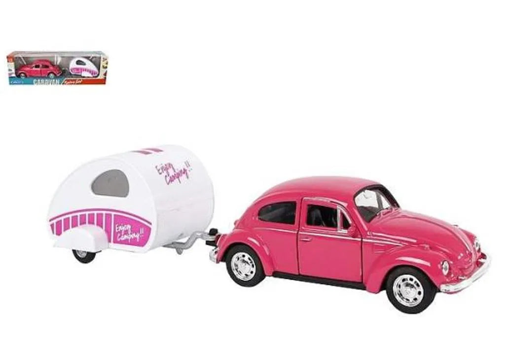 Welly Pink VW Beetle with Caravan | 21cm Die-Cast Model | Classic Collectible