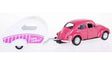 Welly Pink VW Beetle with Caravan | 21cm Die-Cast Model | Classic Collectible