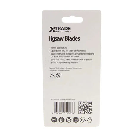 XTRADE JT101BR Jigsaw Blade Wood (5 Pack) - 100mm Reverse Cut CrV Blades for Splinter-Free Finishes