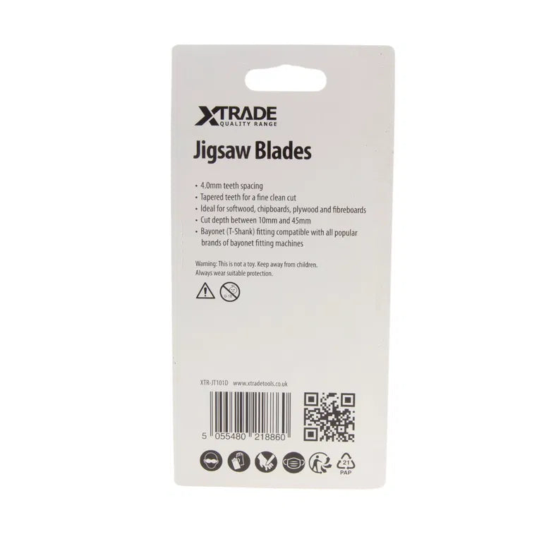 XTRADE JT101D Jigsaw Blade Wood (5 Pack) - 100mm CrV Blades for Deep, Clean Wood Cuts