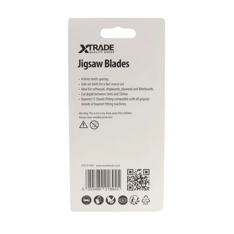 XTRADE JT144D Jigsaw Blade Wood (5 Pack) - 100mm CrV High-Speed Wood Cutting Blades