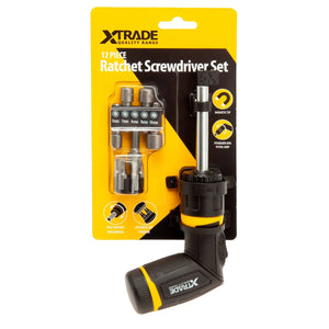 XTrade 12 Piece Ratchet Screwdriver Set - Dual-Grip Design with S2 Bits and Sockets